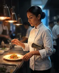 Focused chef plating gourmet meal
