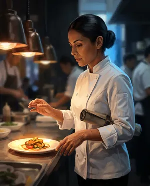 Focused chef plating gourmet meal