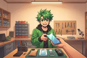 Green haired anime technician handing phone