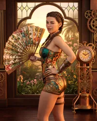 Steampunk explorer winking with floral fan