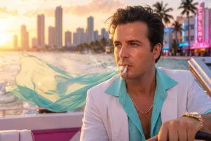 Man smoking on boat at sunset