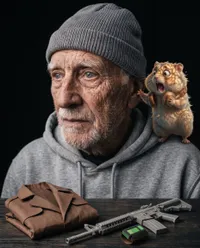 Elderly man with scared hamster companion