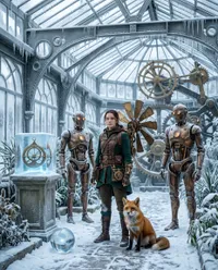 Steampunk explorer in frozen greenhouse