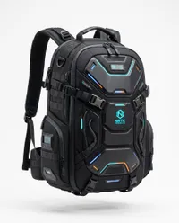 Cyberpunl inspired black backpack against white…