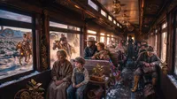 Steampunk train passengers traveling through desert