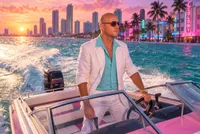Man in linen boating at sunset