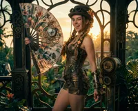 Steampunk explorer winking in garden conservatory
