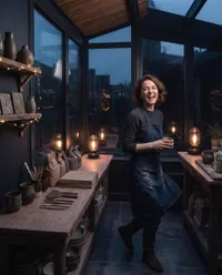 Joyful potter in rain-streaked studio