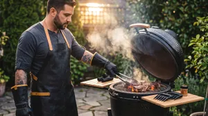 Man grilling steaks on ceramic Kamado grill