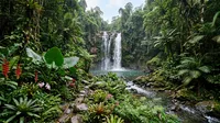 Create a photograph of a jungle with exotic…