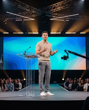 Man presenting on stage with lighting