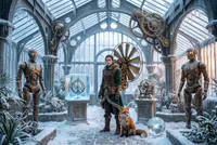 Steampunk explorer with fox in conservatory