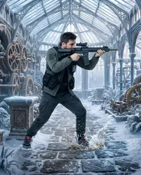 Tactical operative in frozen Victorian greenhouse
