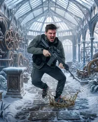 Furious soldier charging through icy conservatory