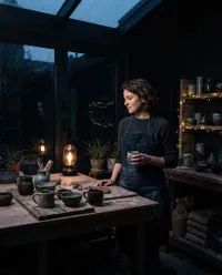 Artisan potter in rainy studio atelier