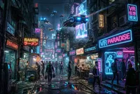 Video game cyberpunk world with details, neon…