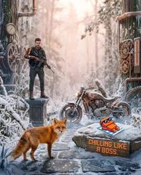 Steampunk explorer with fox in winter