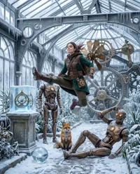 Steampunk explorer jumping in icy greenhouse