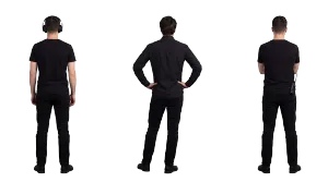 Three men in black uniforms on white (cutout)