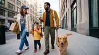 Family stroll with dog downtown