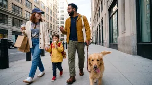 Family stroll with dog downtown