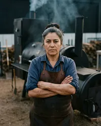 Serious female pitmaster with industrial smoker