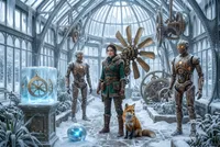 Woman exploring icy steampunk Victorian greenhouse