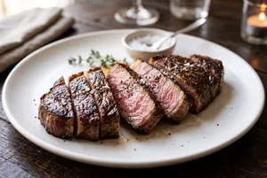 Perfectly seared medium-rare steak dinner