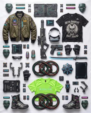 [Image 1] create cyberpunk world items like…