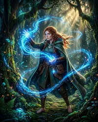 Fantasy mage casting blue forest spell