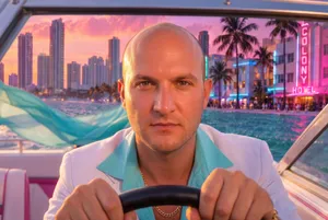 Man steering yacht at sunset Miami