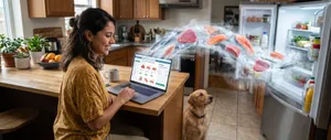 Woman shopping online for fresh fish
