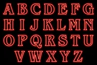 Neon red alphabet typeface specimen sheet