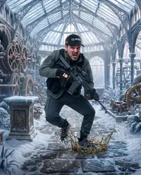 Tactical operator leaping in frozen glasshouse