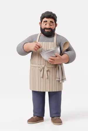 Cheerful bearded baker holding mixing bowl