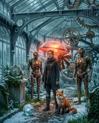 Steampunk explorer in frozen conservatory