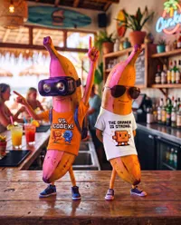 Banana characters at beach bar