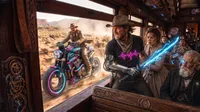 Steampunk train cyber combat scene