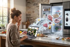 Woman reacting to digital grocery fridge