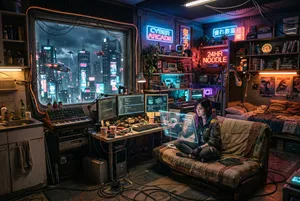 A cybrerpunk home Output the image at 3:2 ratio,…