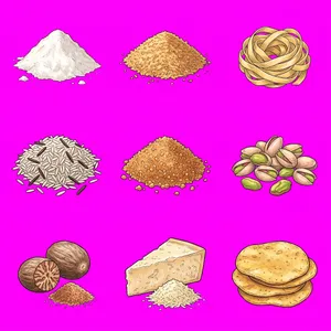 Collection of culinary ingredients on pink background