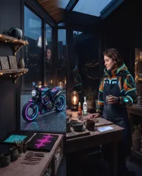 Cyberpunk craft studio with neon racer