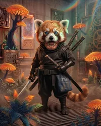 Steampunk red panda warrior adventurer