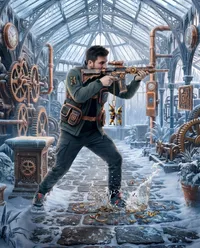 Steampunk adventurer with steampunk rifle