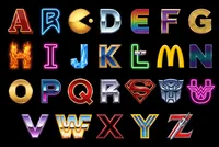Pop culture themed illustrated alphabet display