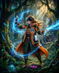 Cybernetic traveler in an enchanted forest