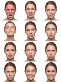 Composite of twelve varied facial expressions