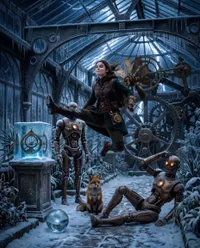 Steampunk adventurer leaping in winter greenhouse