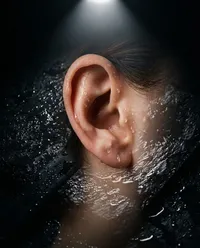 Human ear submerged in dark water