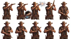 Cyborg cowboy character pose sheet